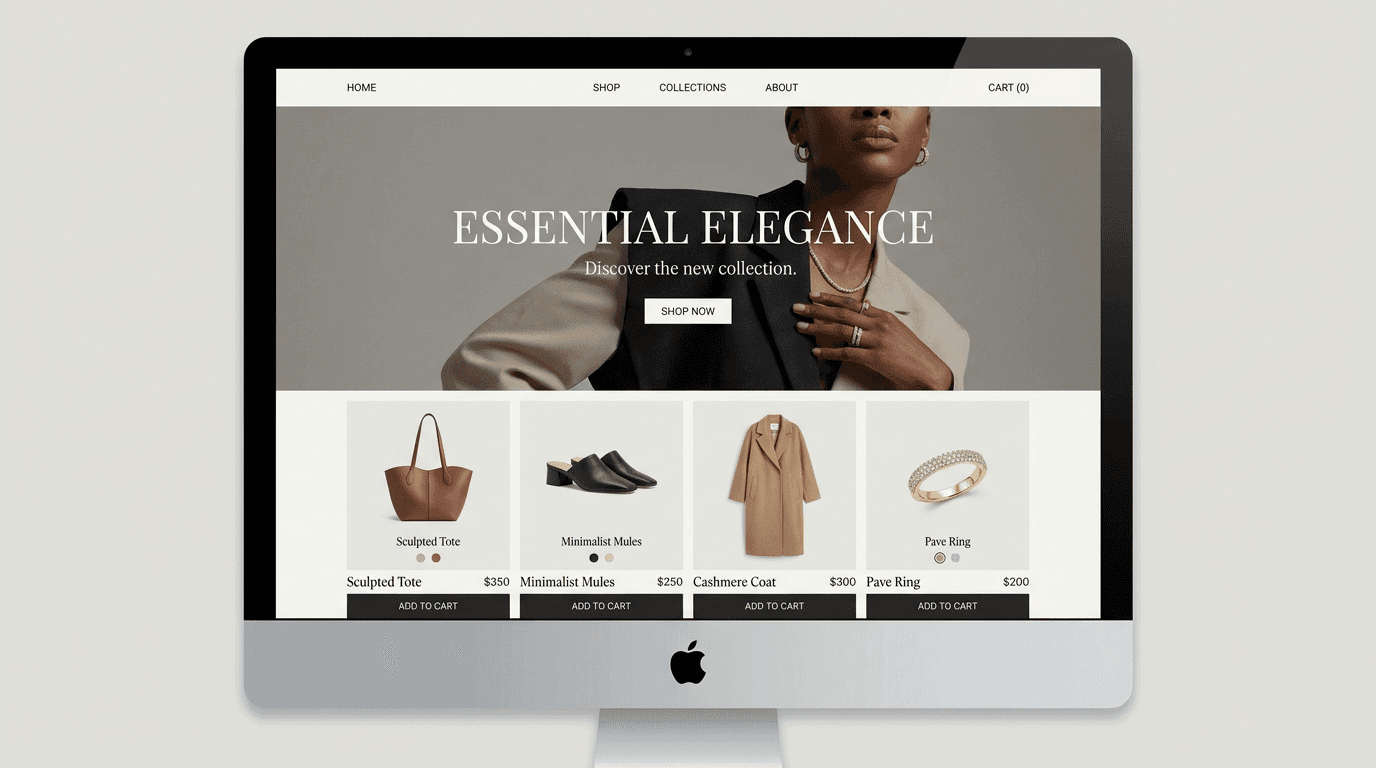High-fidelity mockup of a premium e-commerce website with luxury fashion products