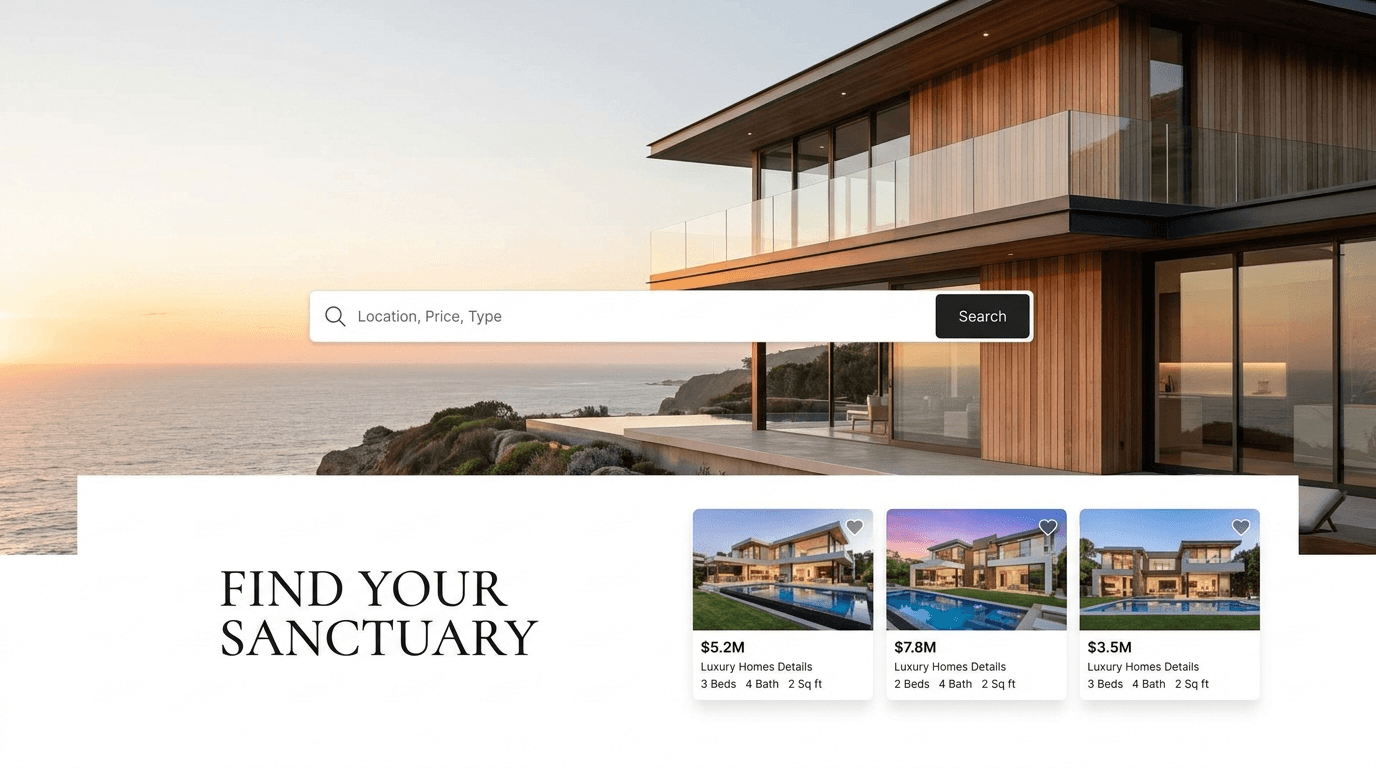 Luxury real estate website with property listings and stunning photography